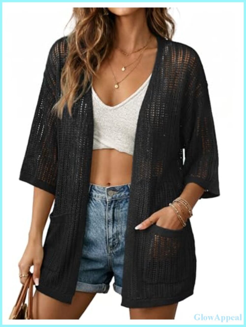 Lightweight Crochet Cardigan Women 3/4 Sleeve Boho Knit Cover Up with Pockets